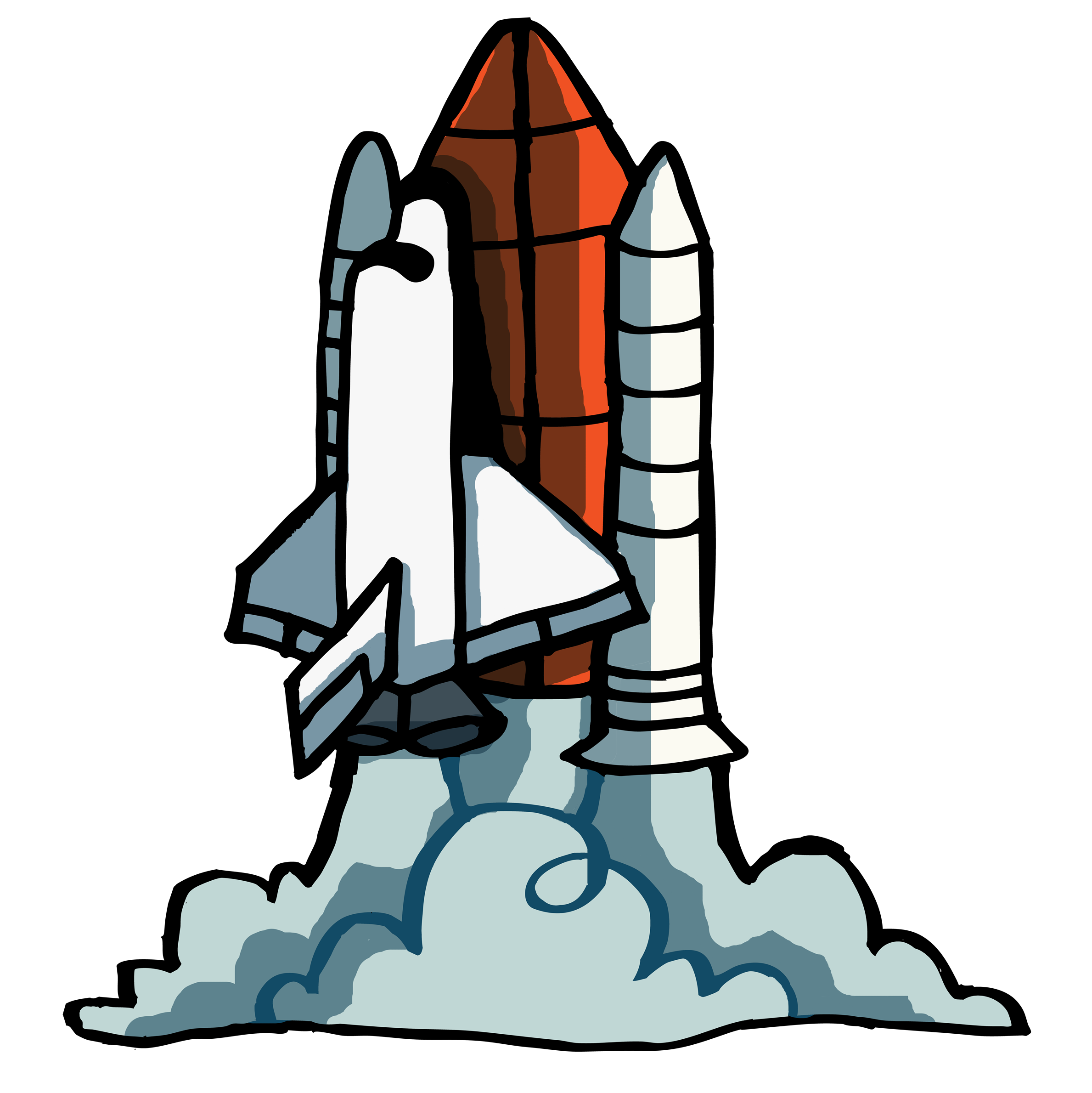 Drawing of a NASA shuttle taking off with a large light blue cloud-like exhaust plume