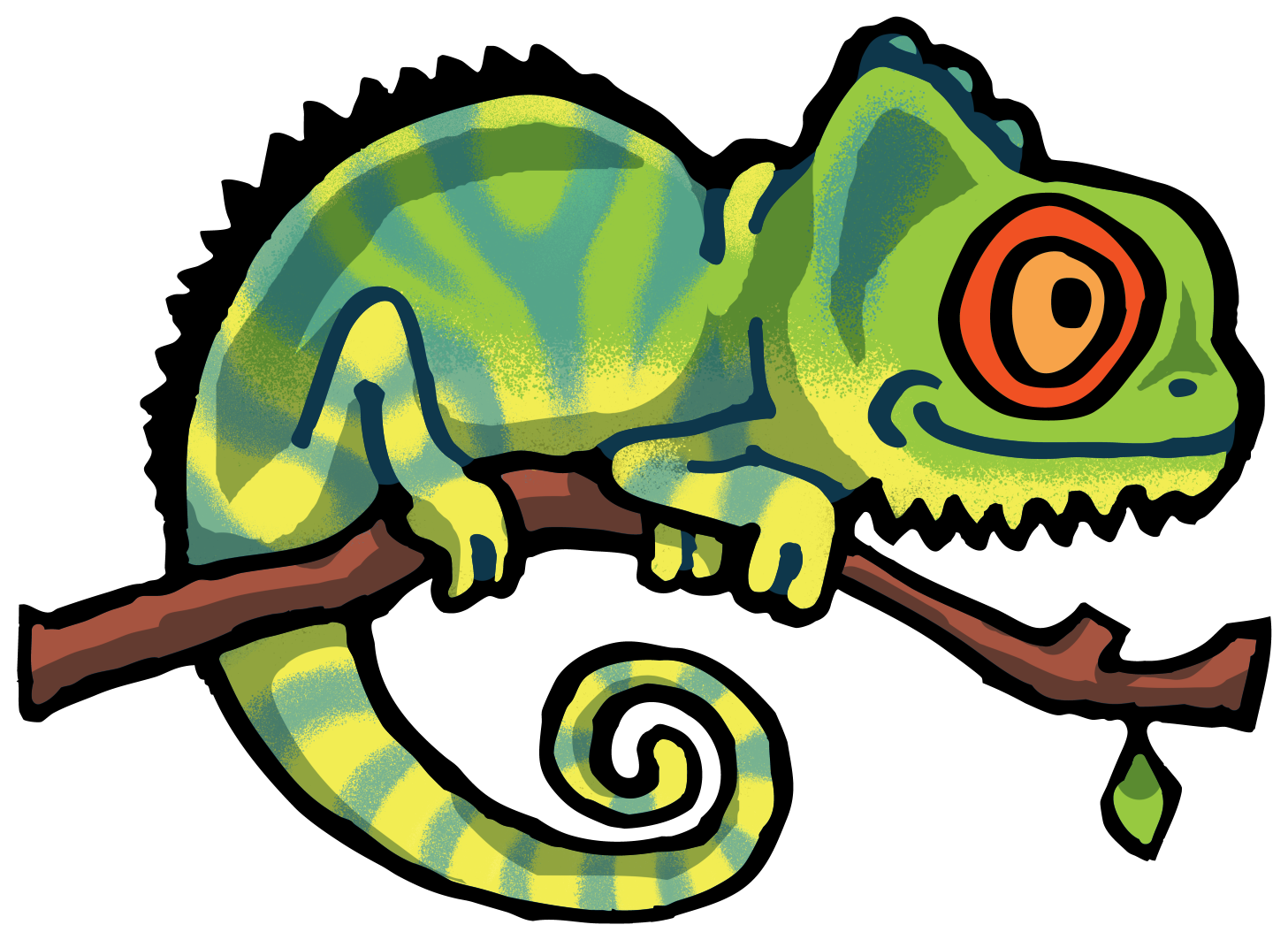 drawing of a green and yellow chameleon with orange eyelids and blue stripes. The chameleon is perched on a branch with a small leaf.