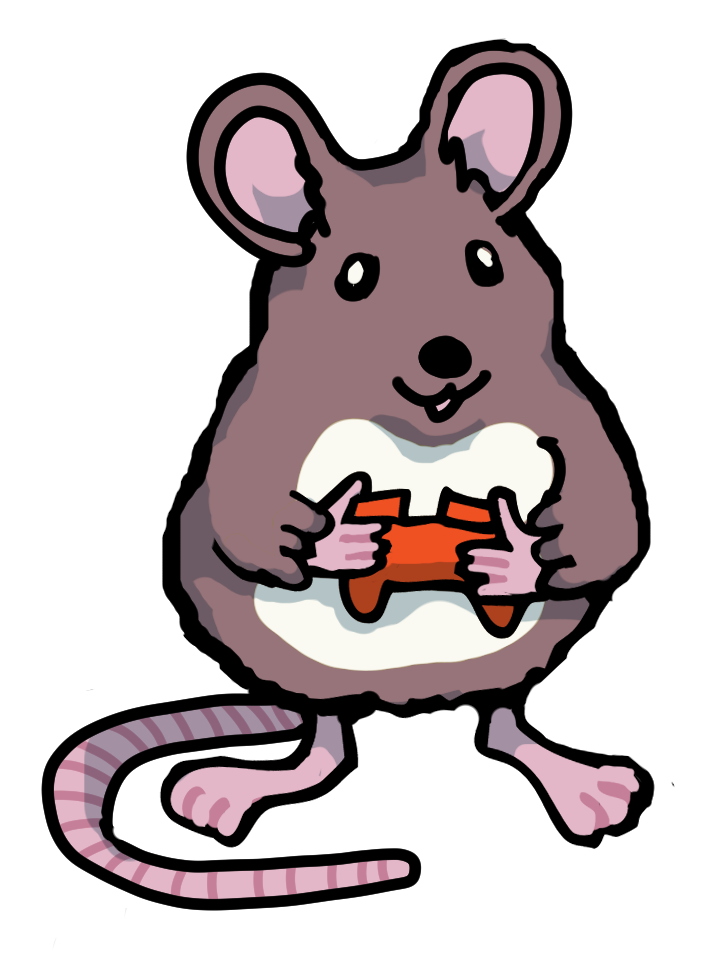 drawing of a brown and white mouse holding a tiny orange controller in its paws